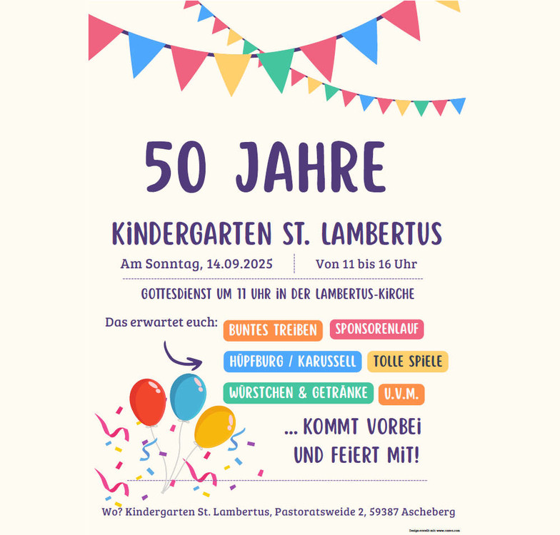 Wir feiern am 14.09.2025 ab 11:00Uhr 50 Jahre Kindergarten St.Lambertus...